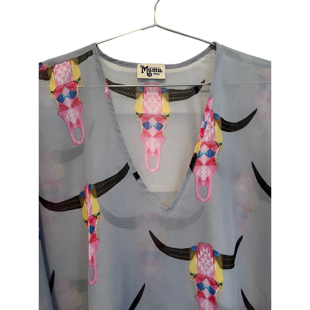 Show Me Your Mumu Donna Michelle Cow Skull Tunic Gray Blue Blouse Size S - Picture 3 of 5